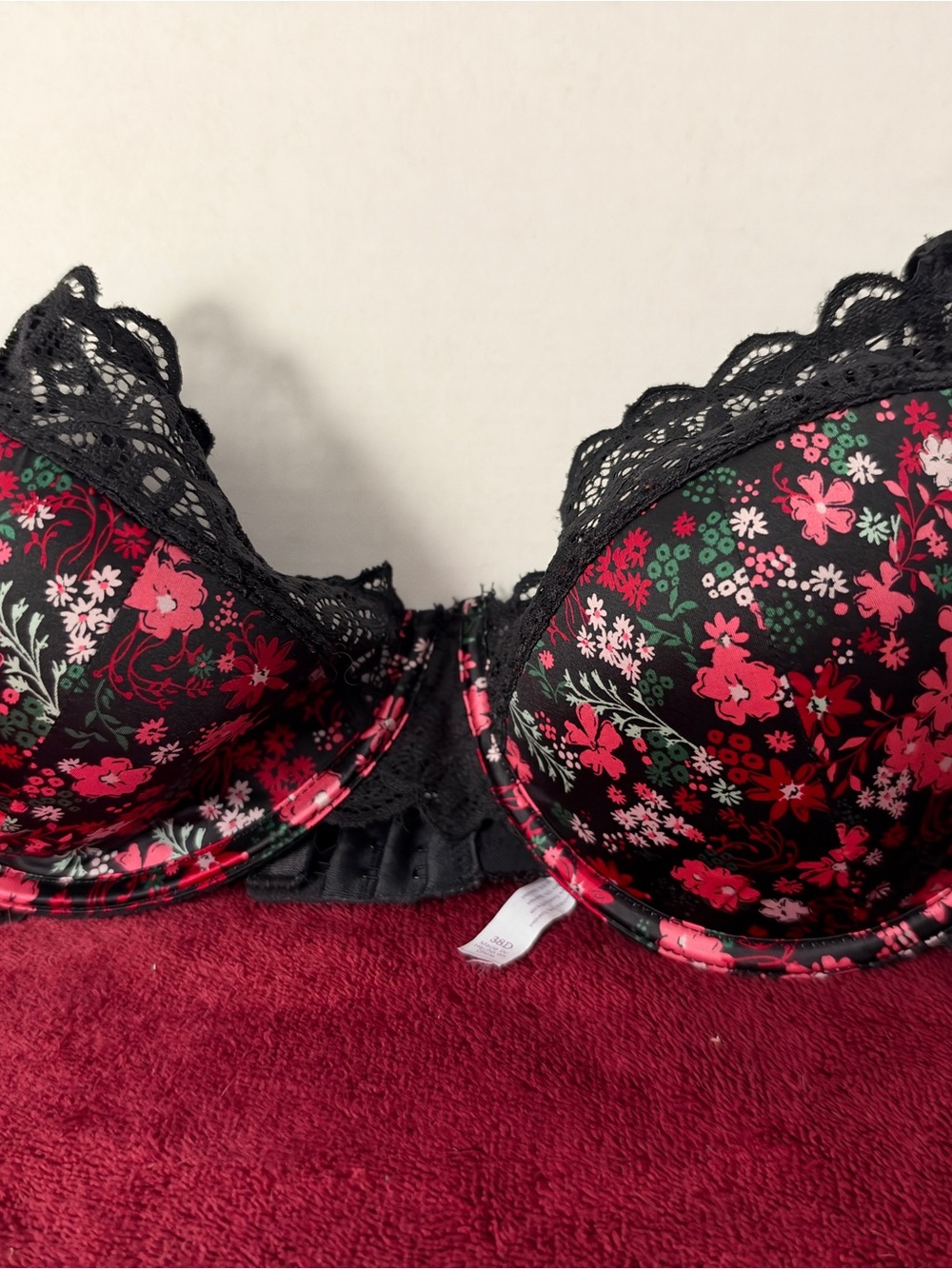 Adore Me Floral Lace Trim Push-Up Bra - Black & Pink